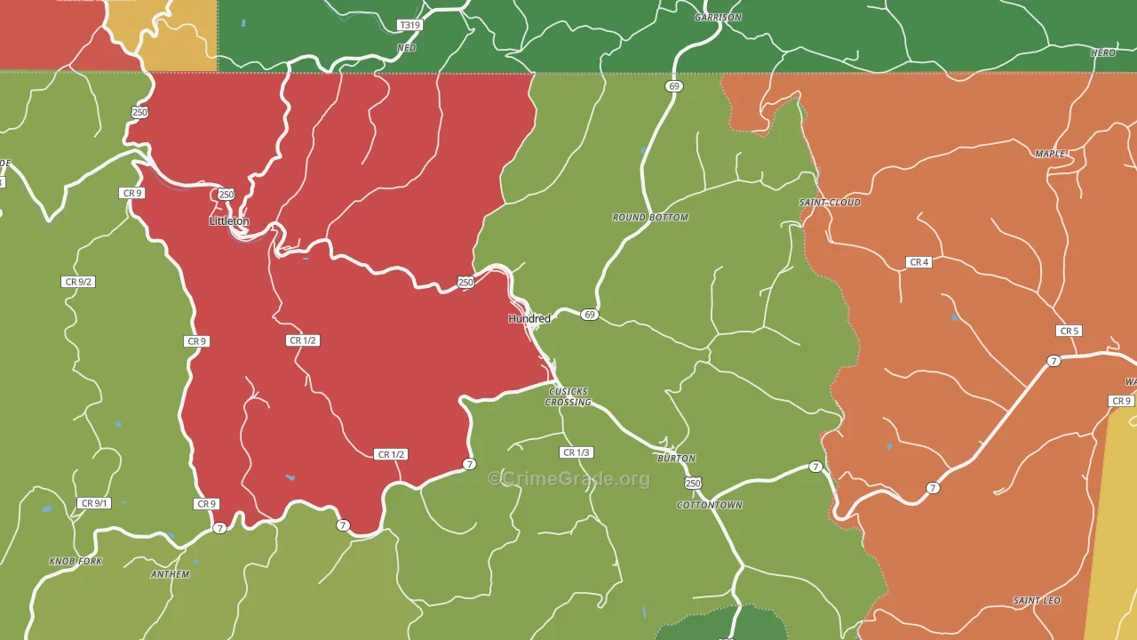 Hundred, WV Map of Drug-Related Crime Rates