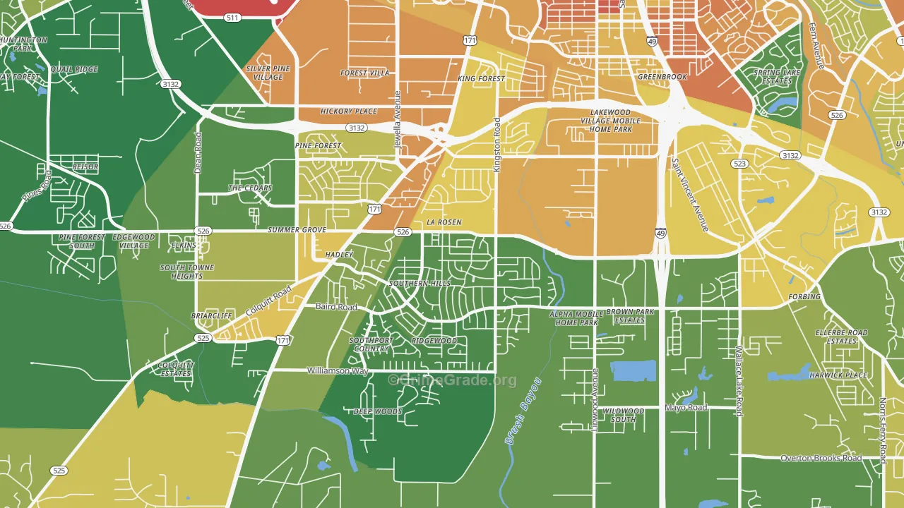 Hyde Park-Brookwood-Southern Hills, Shreveport, LA Map of Drug-Related Crime Rates