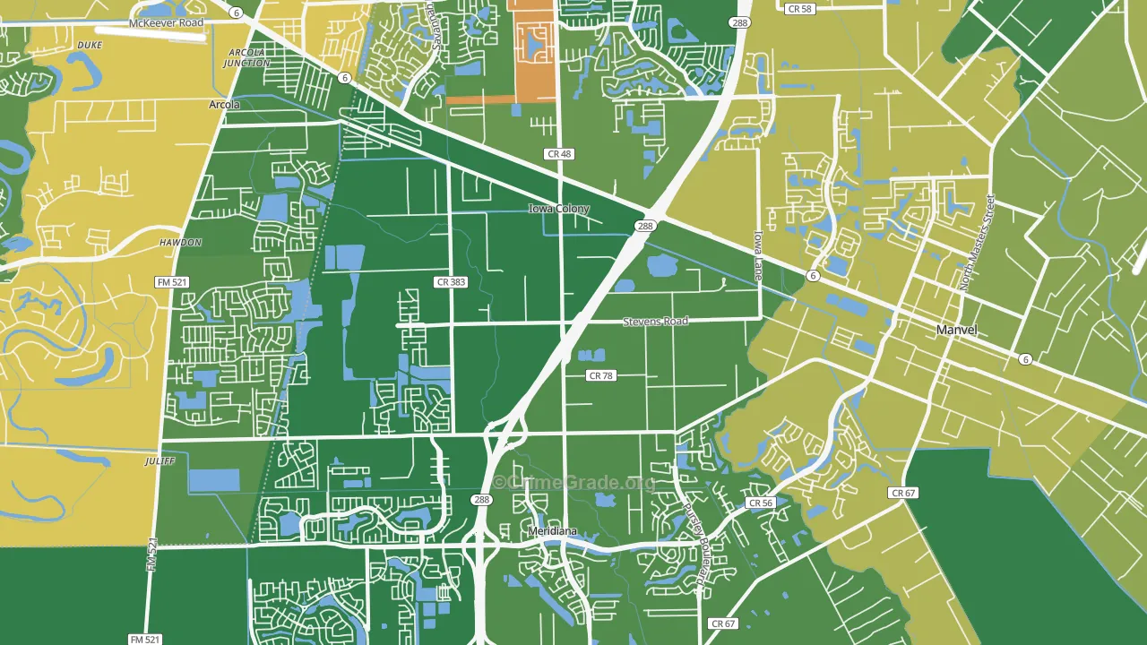 Iowa Colony, TX Map of Drug-Related Crime Rates
