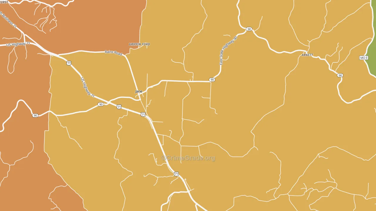 Jane, MO Map of Drug-Related Crime Rates