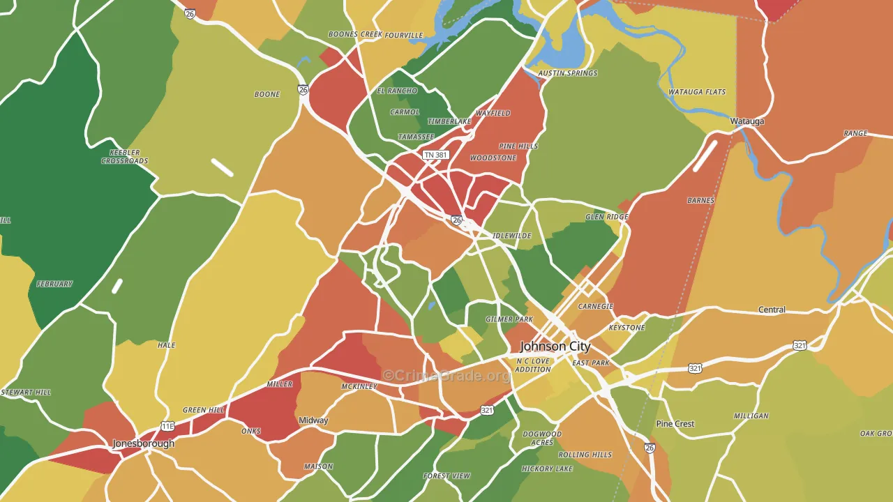 Johnson City, TN Map of Drug-Related Crime Rates