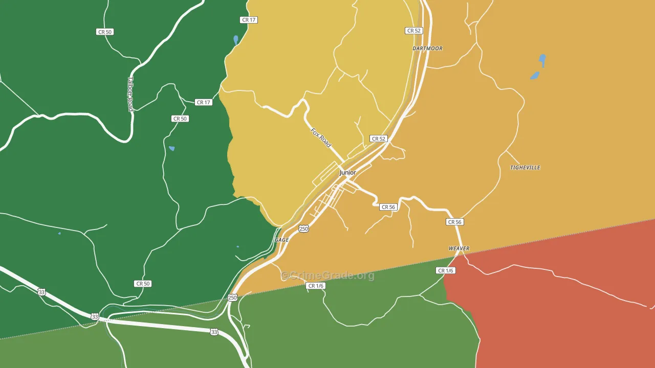 Junior, WV Map of Drug-Related Crime Rates