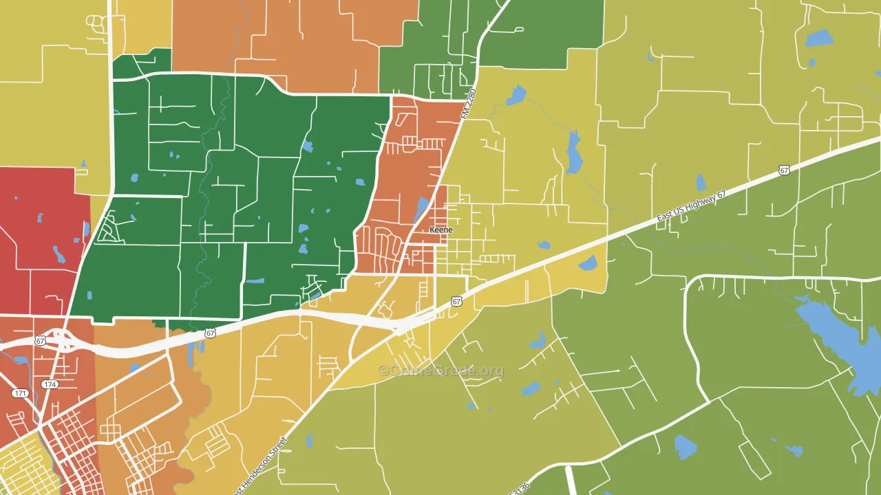 Keene, TX Map of Drug-Related Crime Rates