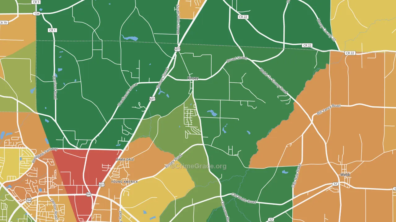 Kinsey, AL Map of Drug-Related Crime Rates