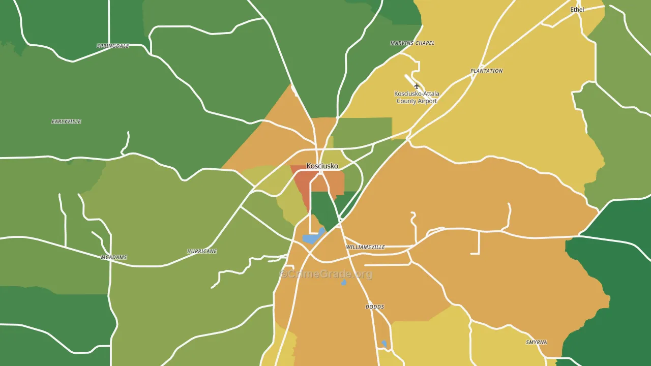 Kosciusko, MS Map of Drug-Related Crime Rates