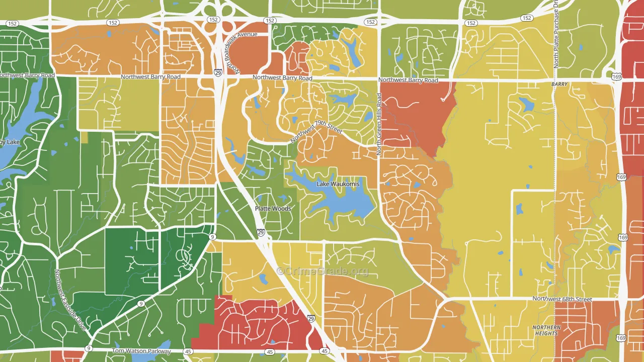 Lake Waukomis, MO Map of Drug-Related Crime Rates