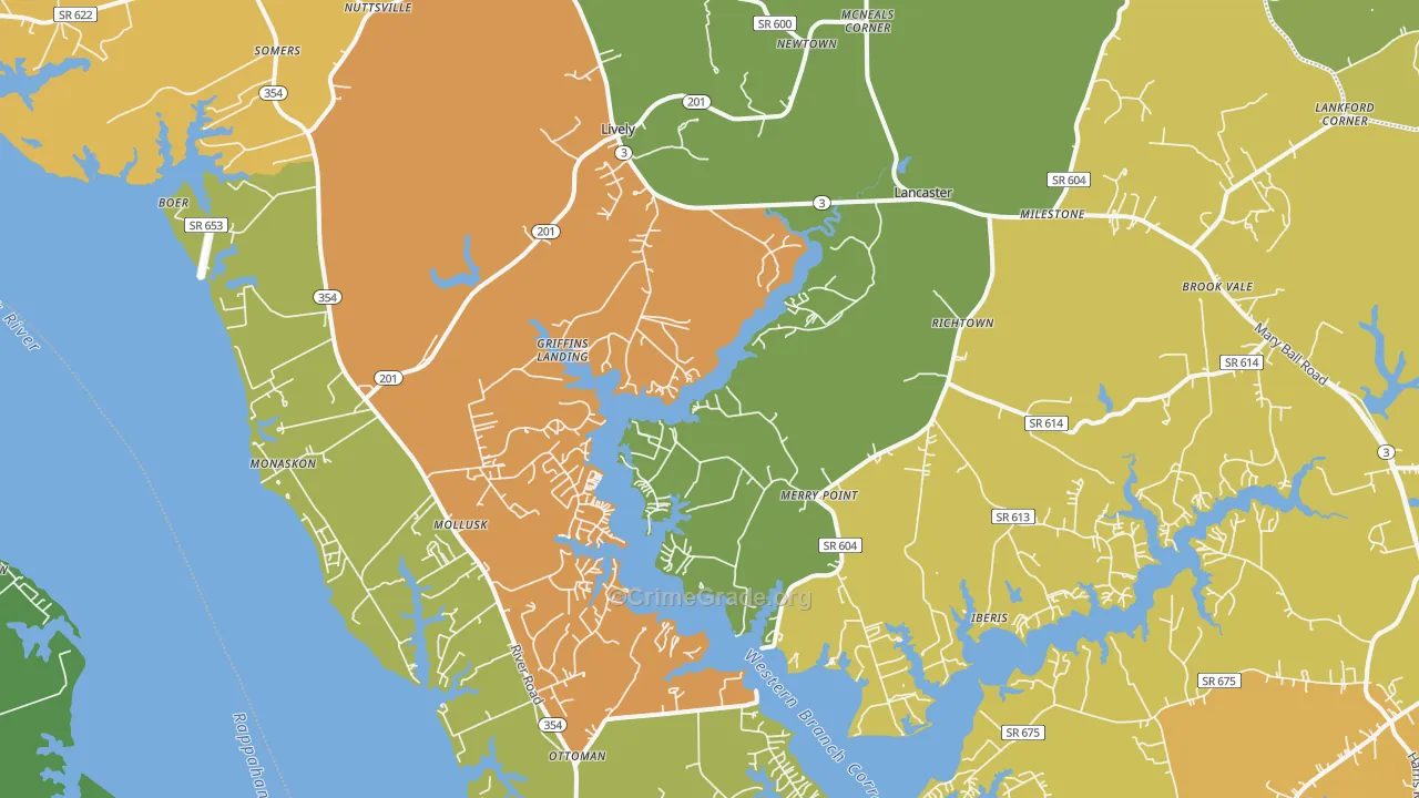 Lancaster, VA Map of Drug-Related Crime Rates