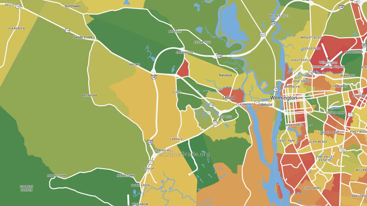 Leland, NC Map of Drug-Related Crime Rates