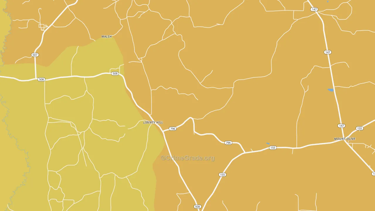 Liberty Hill, LA Map of Drug-Related Crime Rates