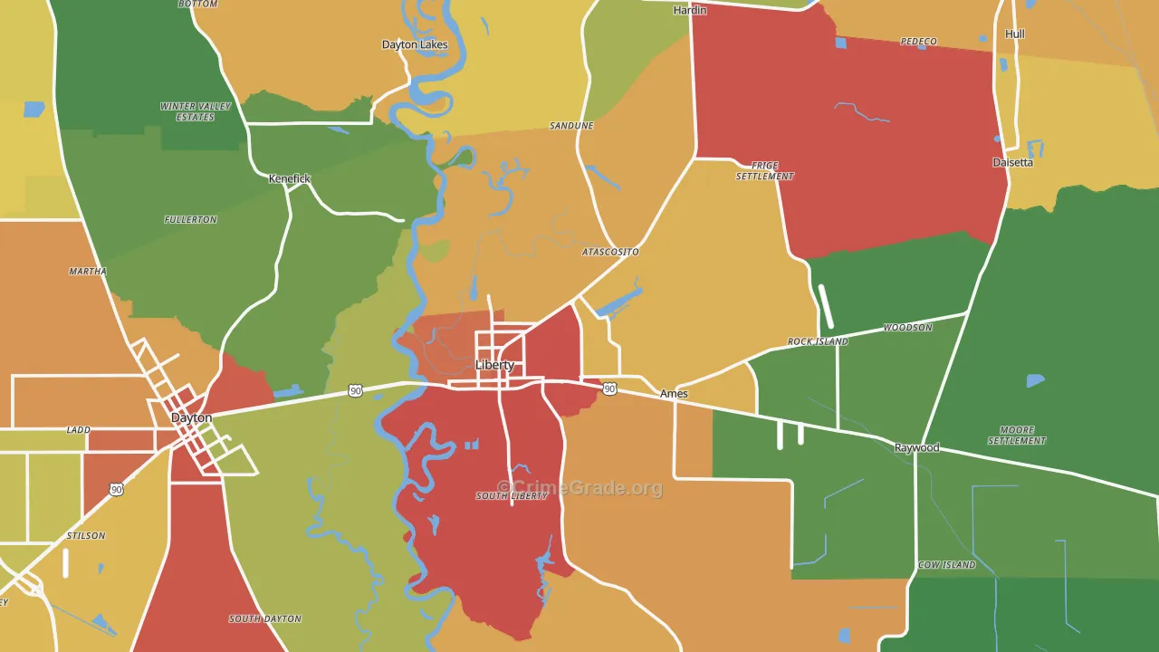 Liberty, TX Map of Drug-Related Crime Rates