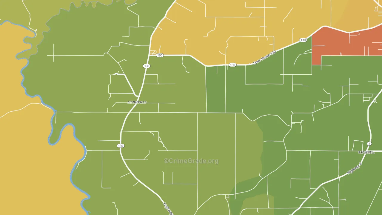 Liddieville, LA Map of Drug-Related Crime Rates