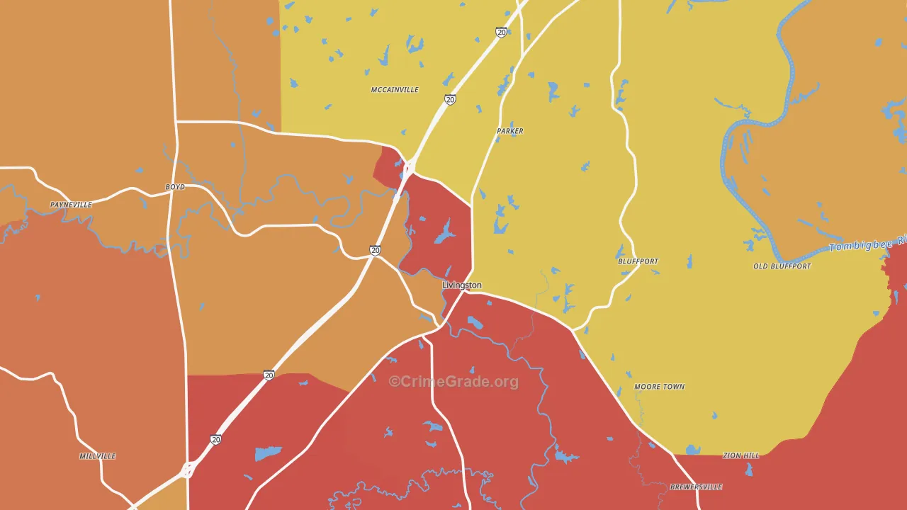 Livingston, AL Map of Drug-Related Crime Rates
