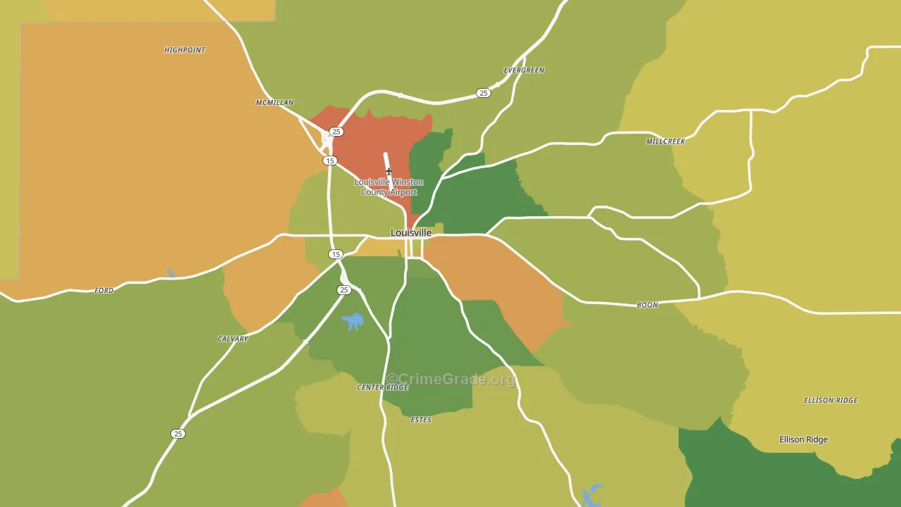 Louisville, MS Map of Drug-Related Crime Rates