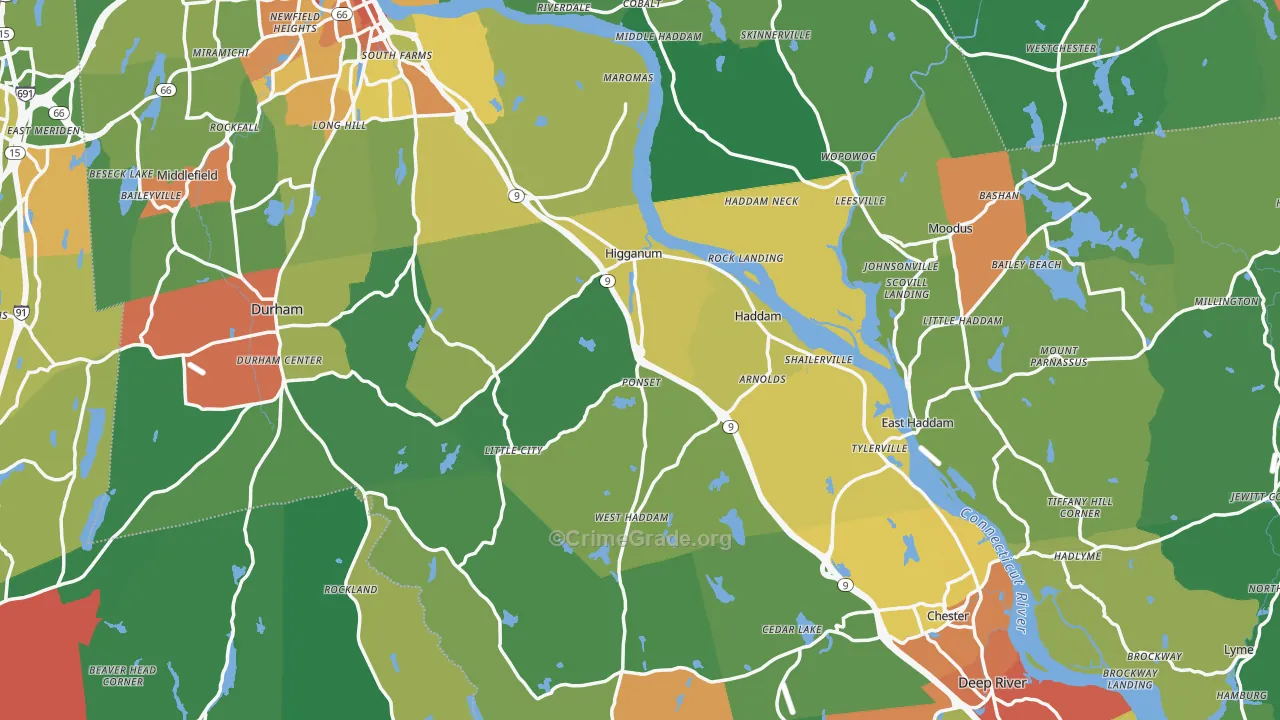 Lower Connecticut River Valley Planning Region, CT Map of Drug-Related Crime Rates