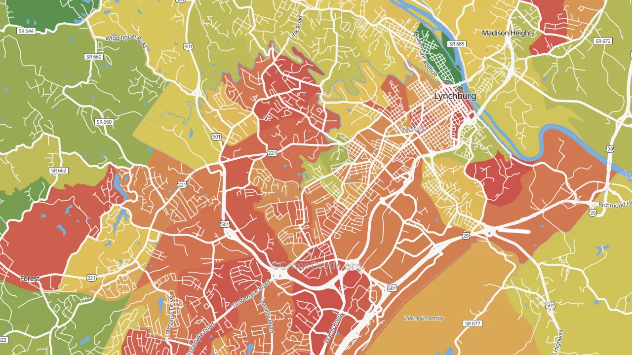 Lynchburg City, VA Map of Drug-Related Crime Rates