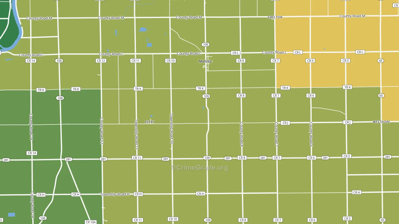 Malinta, OH Map of Drug-Related Crime Rates