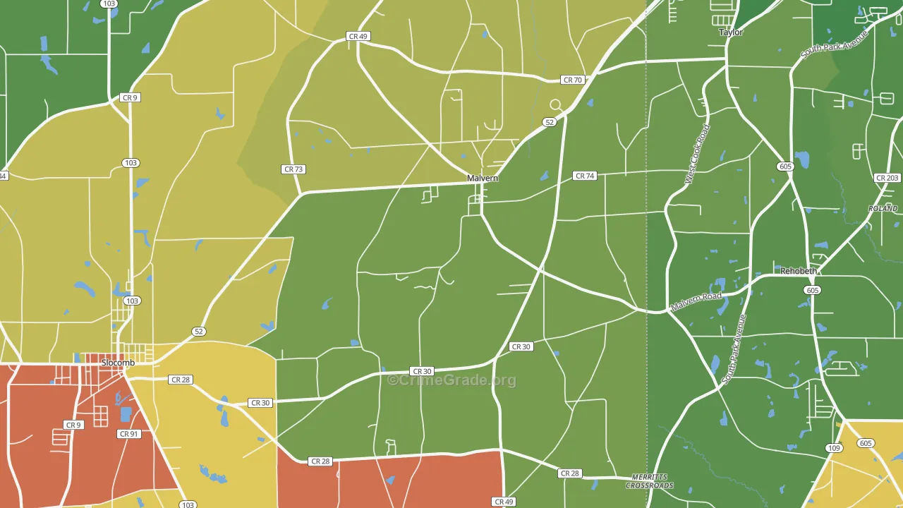 Malvern, AL Map of Drug-Related Crime Rates