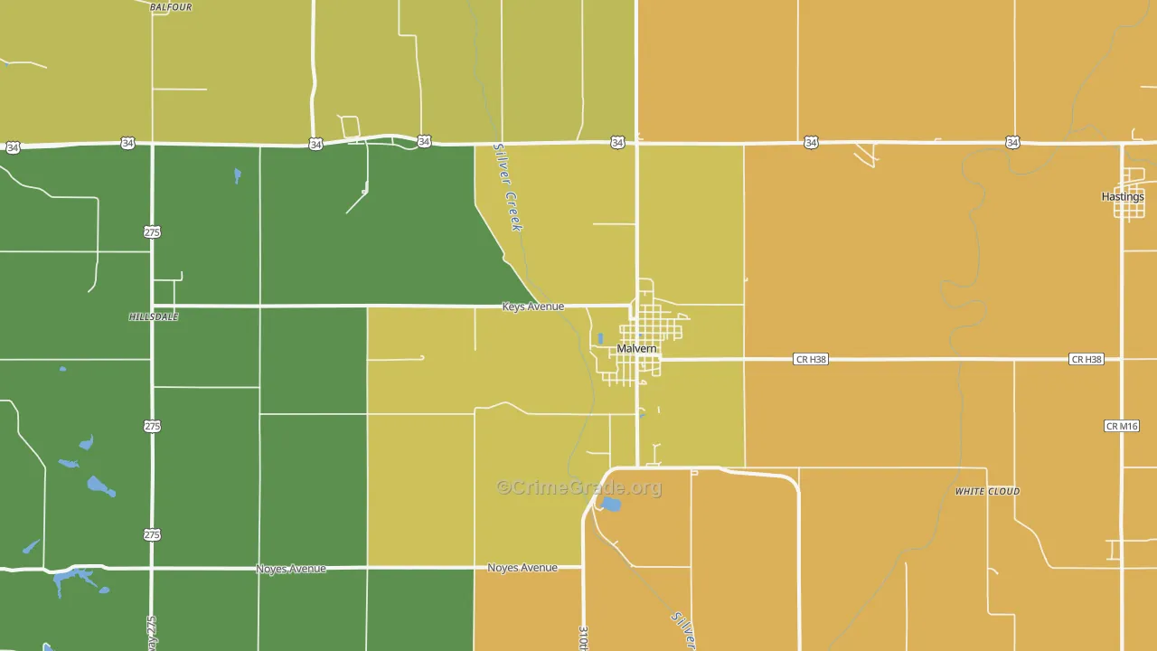 Malvern, IA Map of Drug-Related Crime Rates