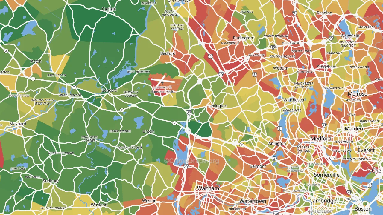 Middlesex County, MA Map of Drug-Related Crime Rates