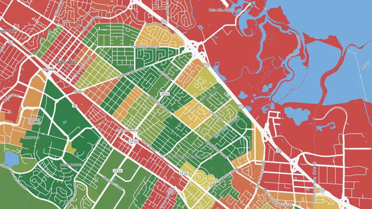 Midtown-San Jose, Palo Alto, CA Map of Drug-Related Crime Rates
