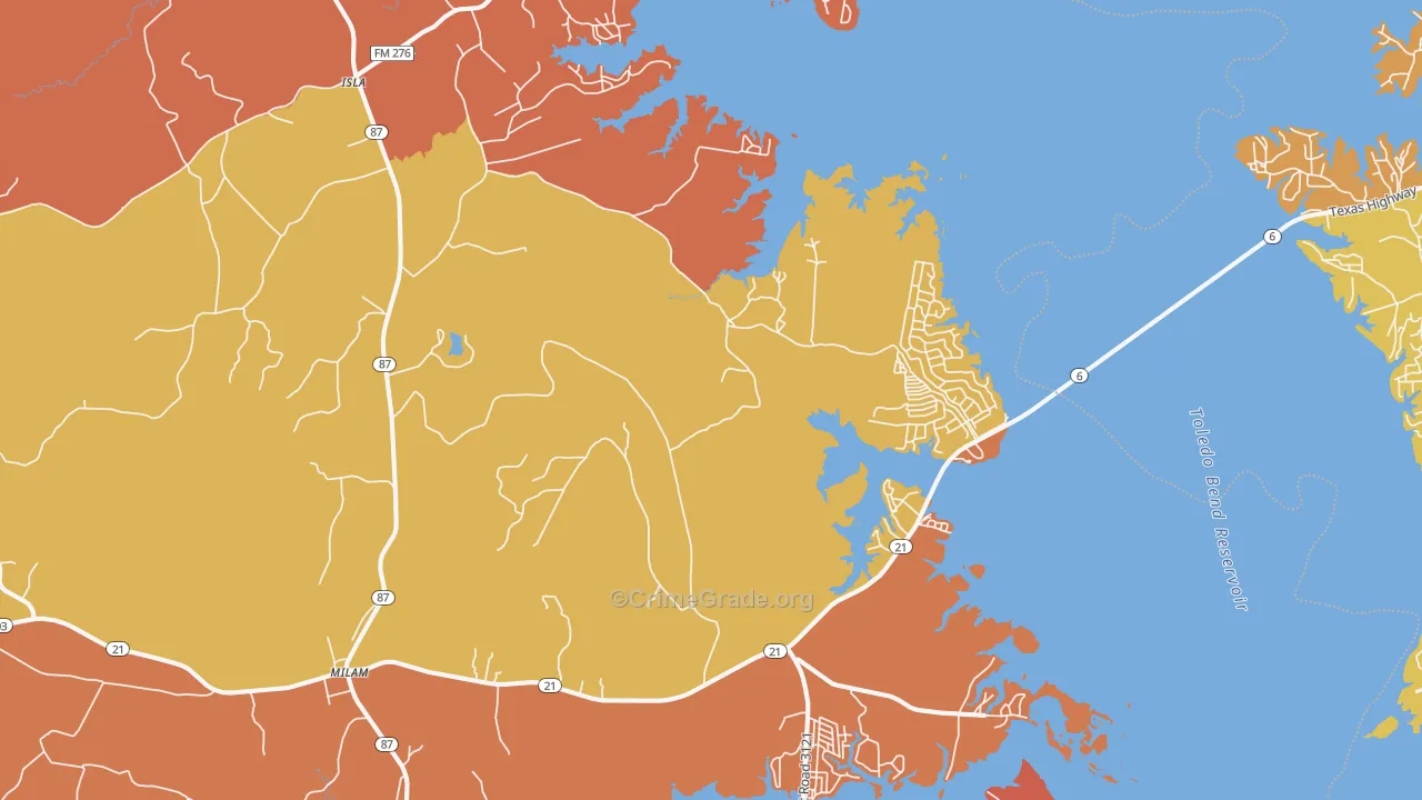 Milam, TX Map of Drug-Related Crime Rates