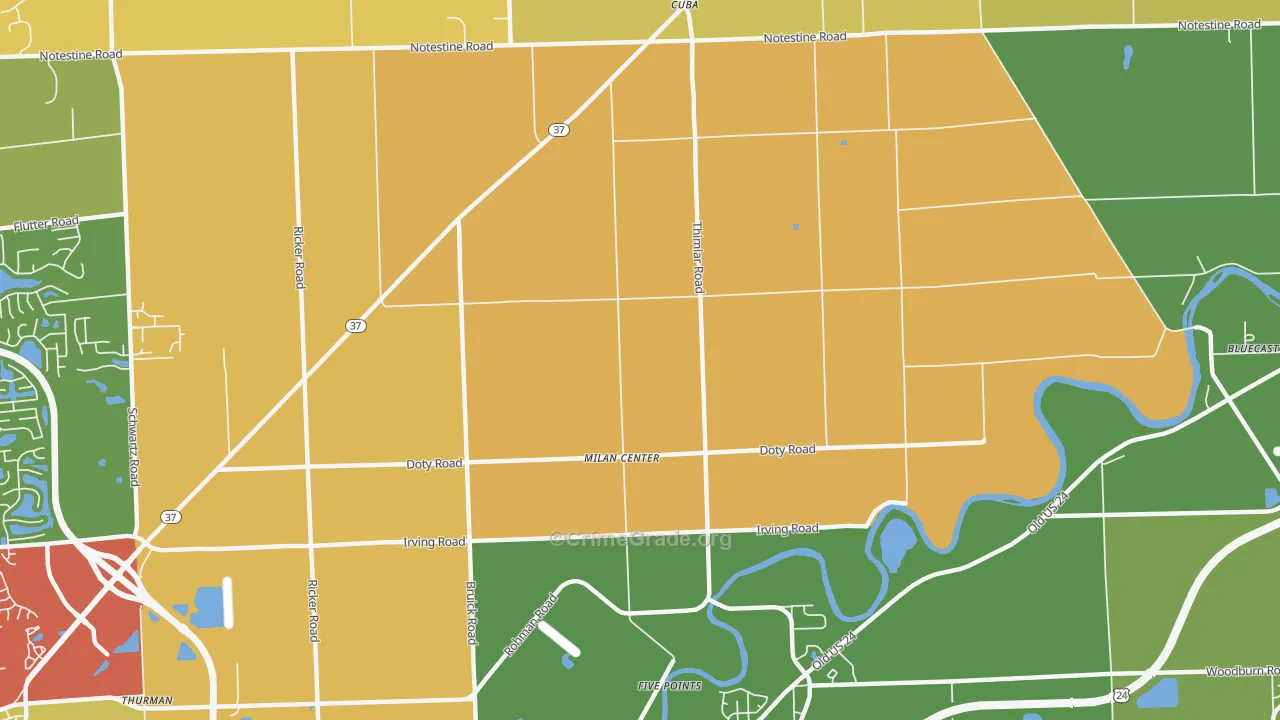 Milan Center, IN Map of Drug-Related Crime Rates