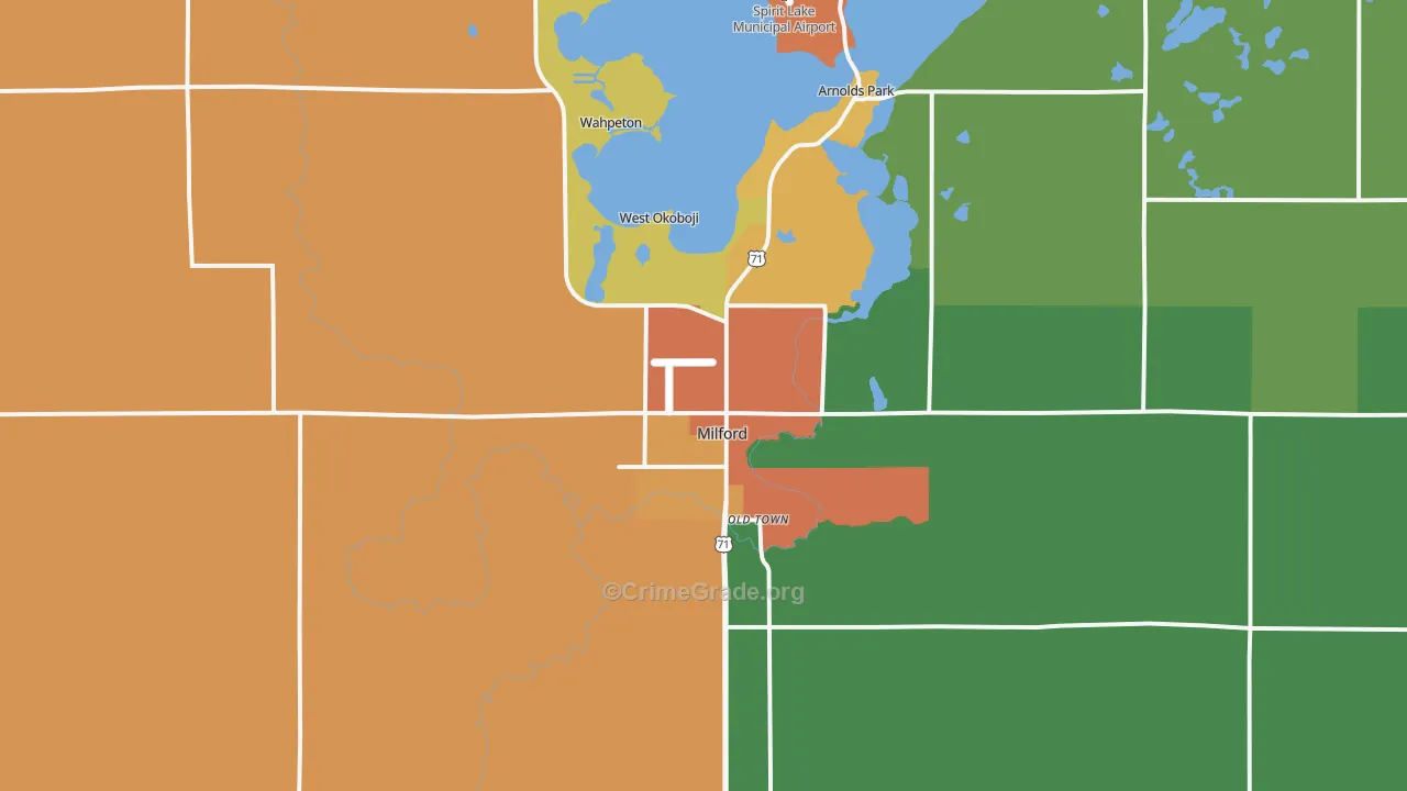 Milford, IA Map of Drug-Related Crime Rates
