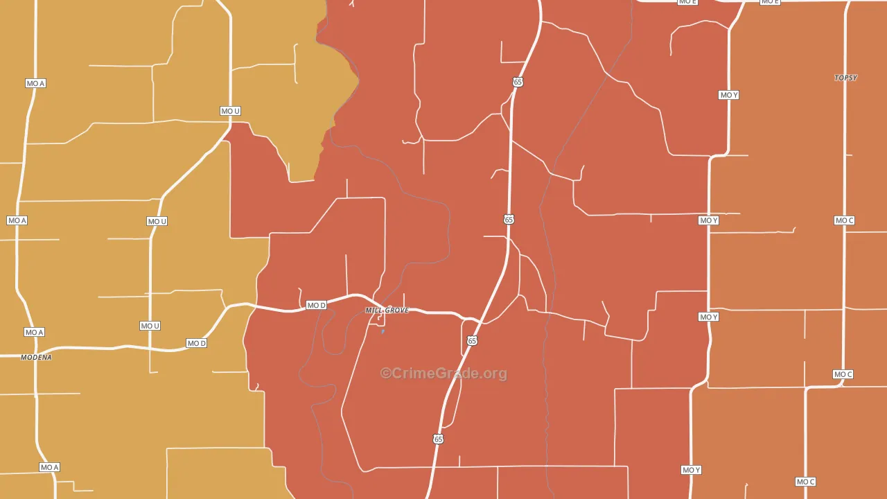Mill Grove, MO Map of Drug-Related Crime Rates