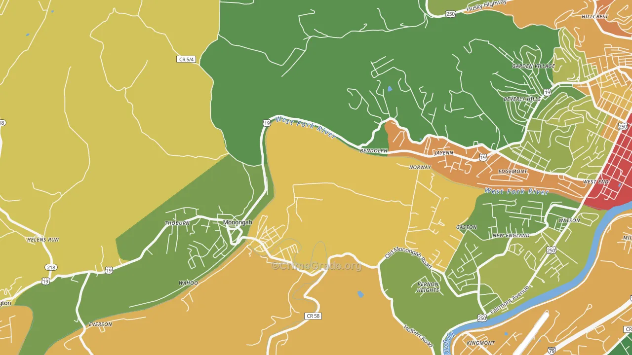 Monongah, WV Map of Drug-Related Crime Rates