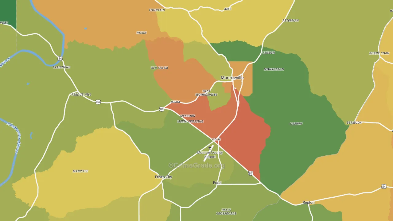 Monroe County, AL Map of Drug-Related Crime Rates