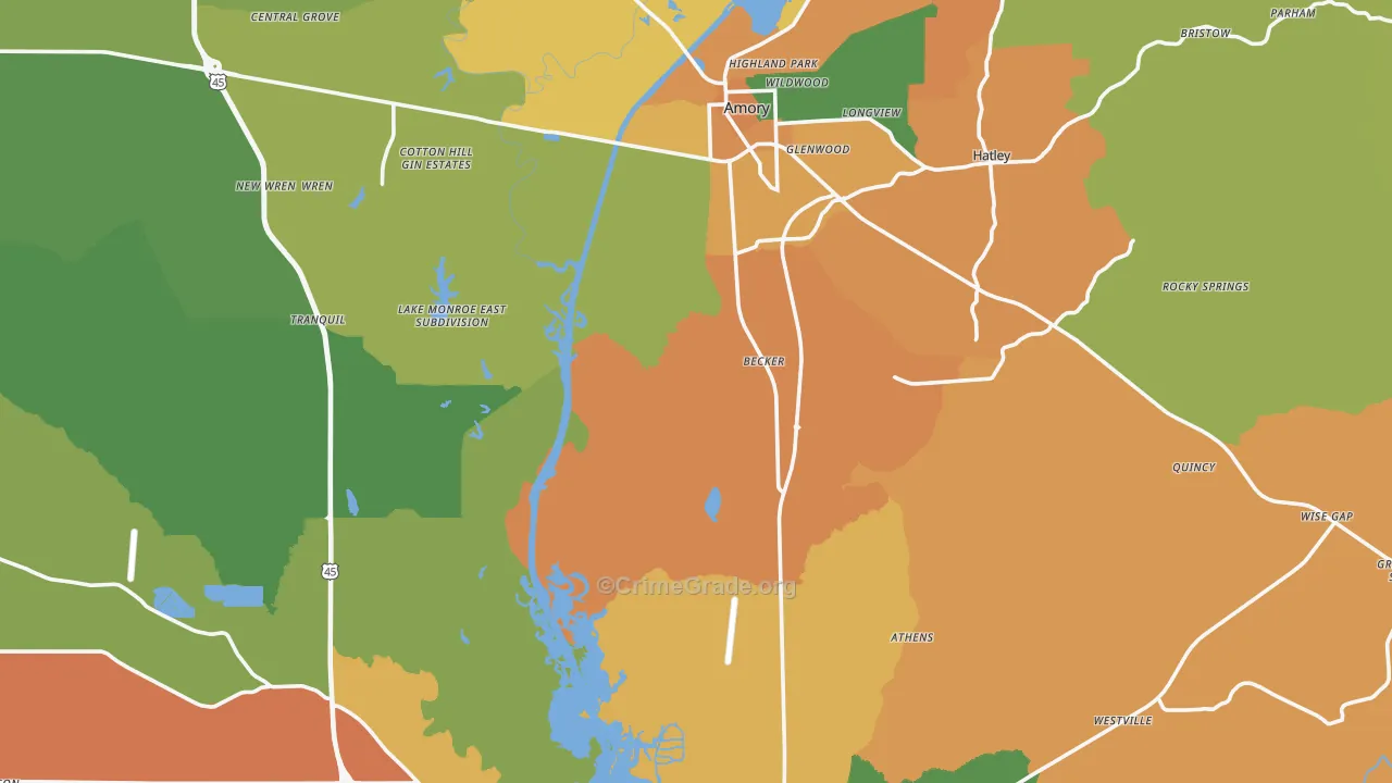 Monroe County, MS Map of Drug-Related Crime Rates