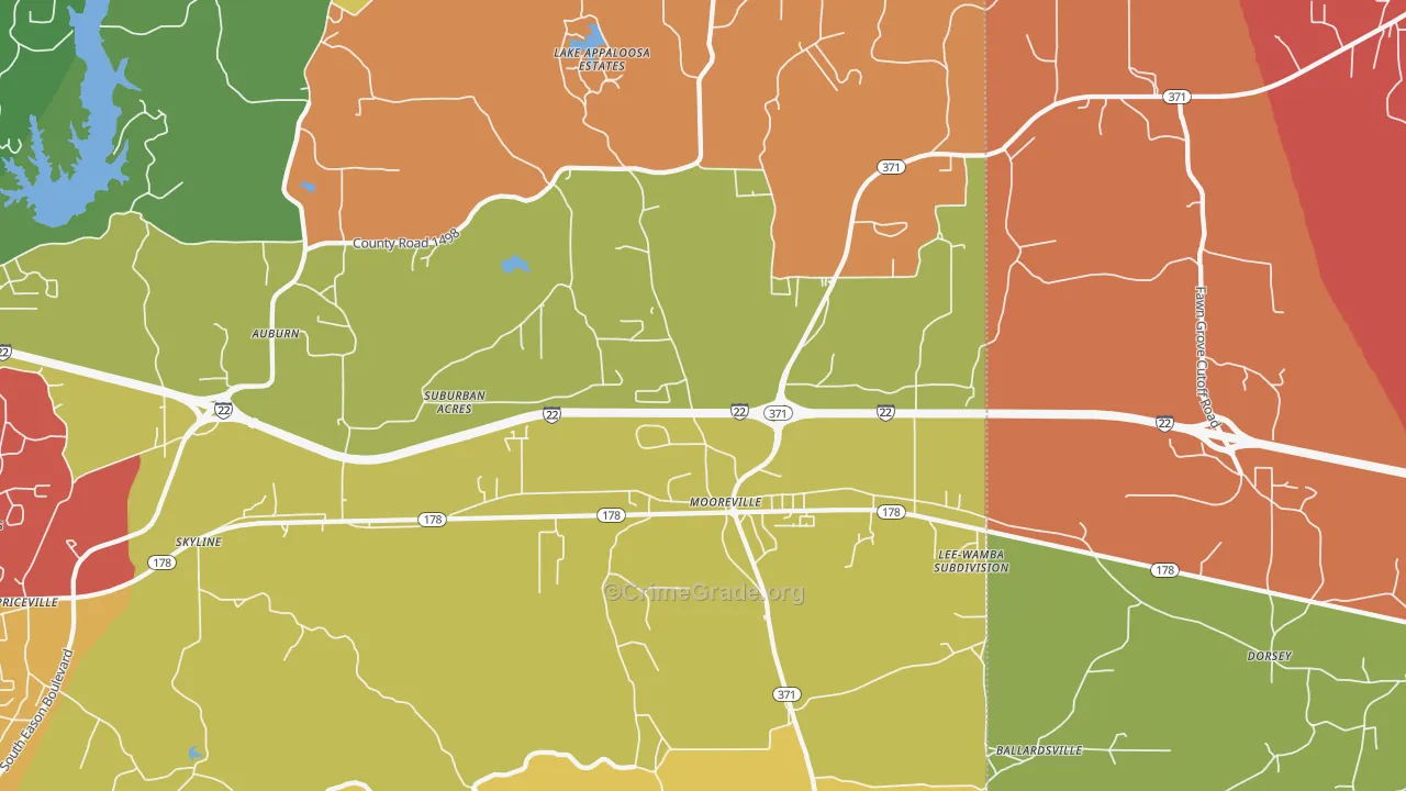 Mooreville, MS Map of Drug-Related Crime Rates