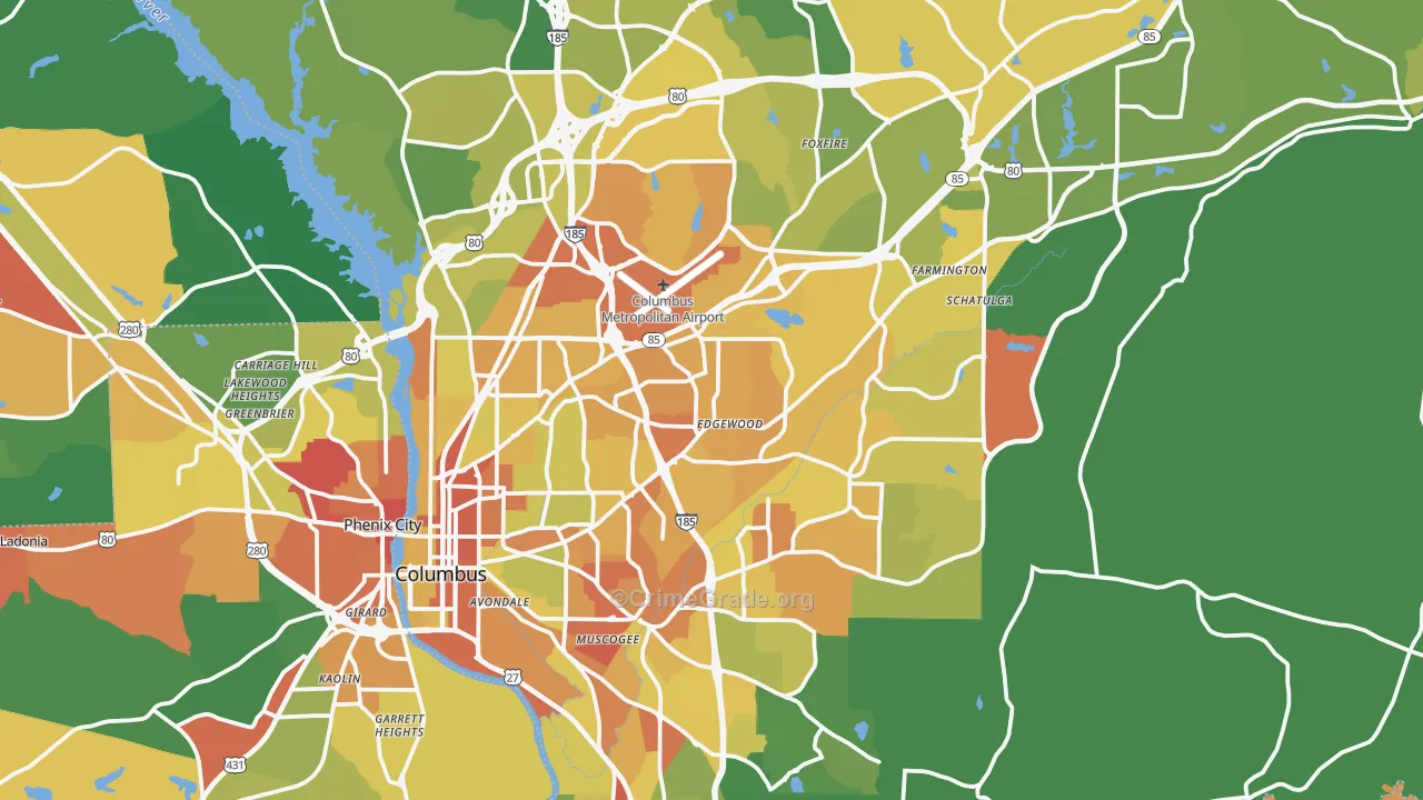 Muscogee County, GA Map of Drug-Related Crime Rates