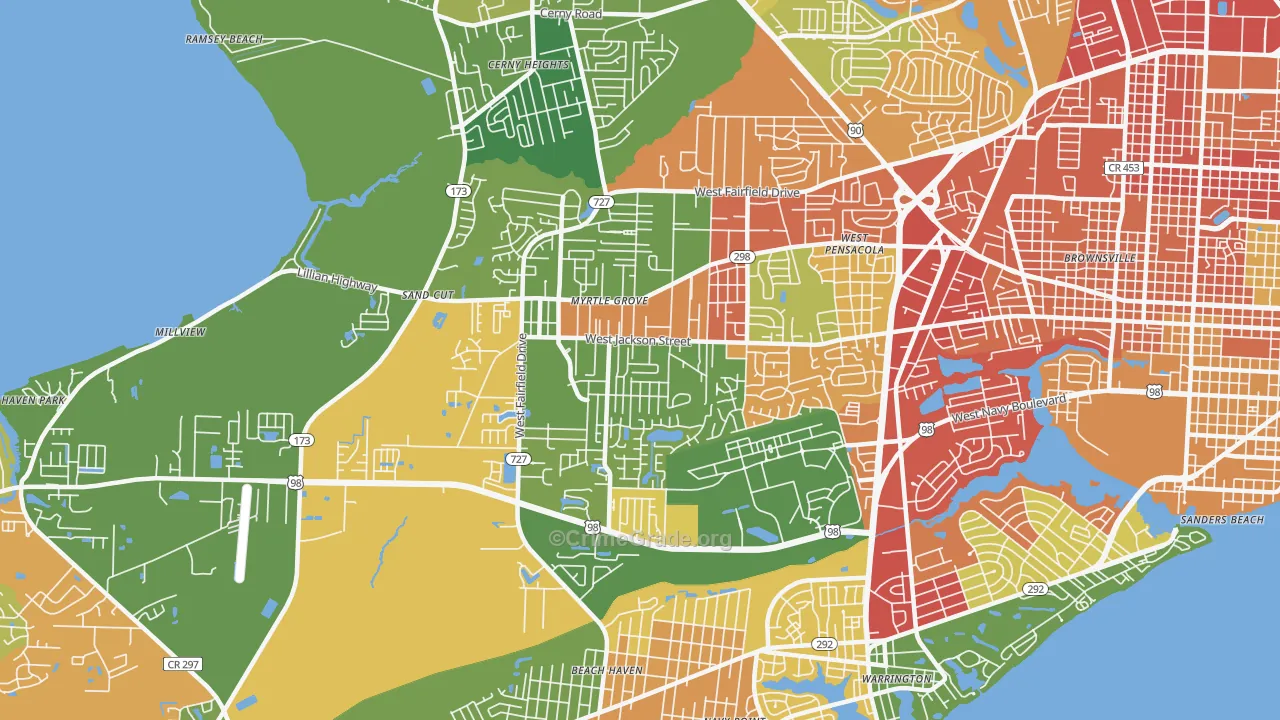 Myrtle Grove, FL Map of Drug-Related Crime Rates
