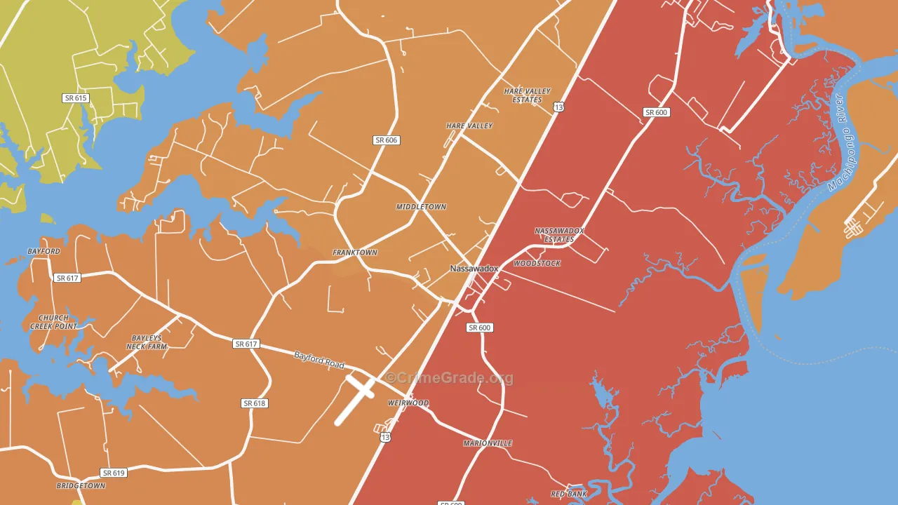Nassawadox, VA Map of Drug-Related Crime Rates