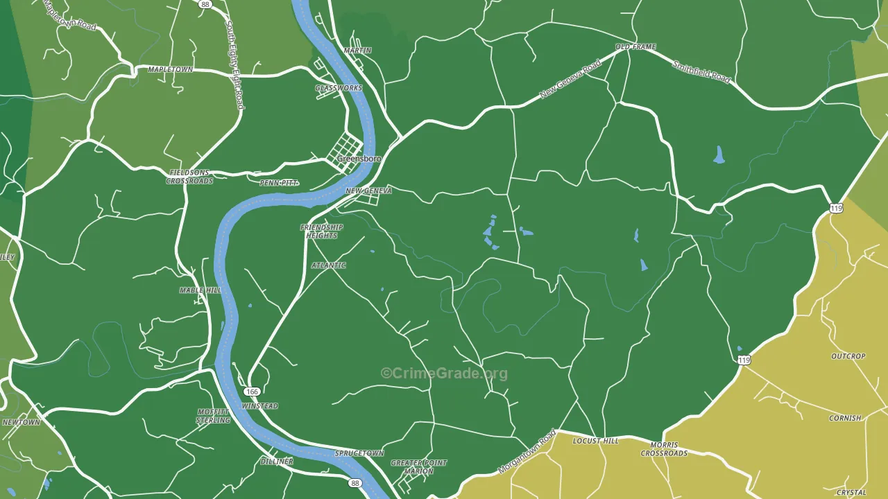 New Geneva, PA Map of Drug-Related Crime Rates
