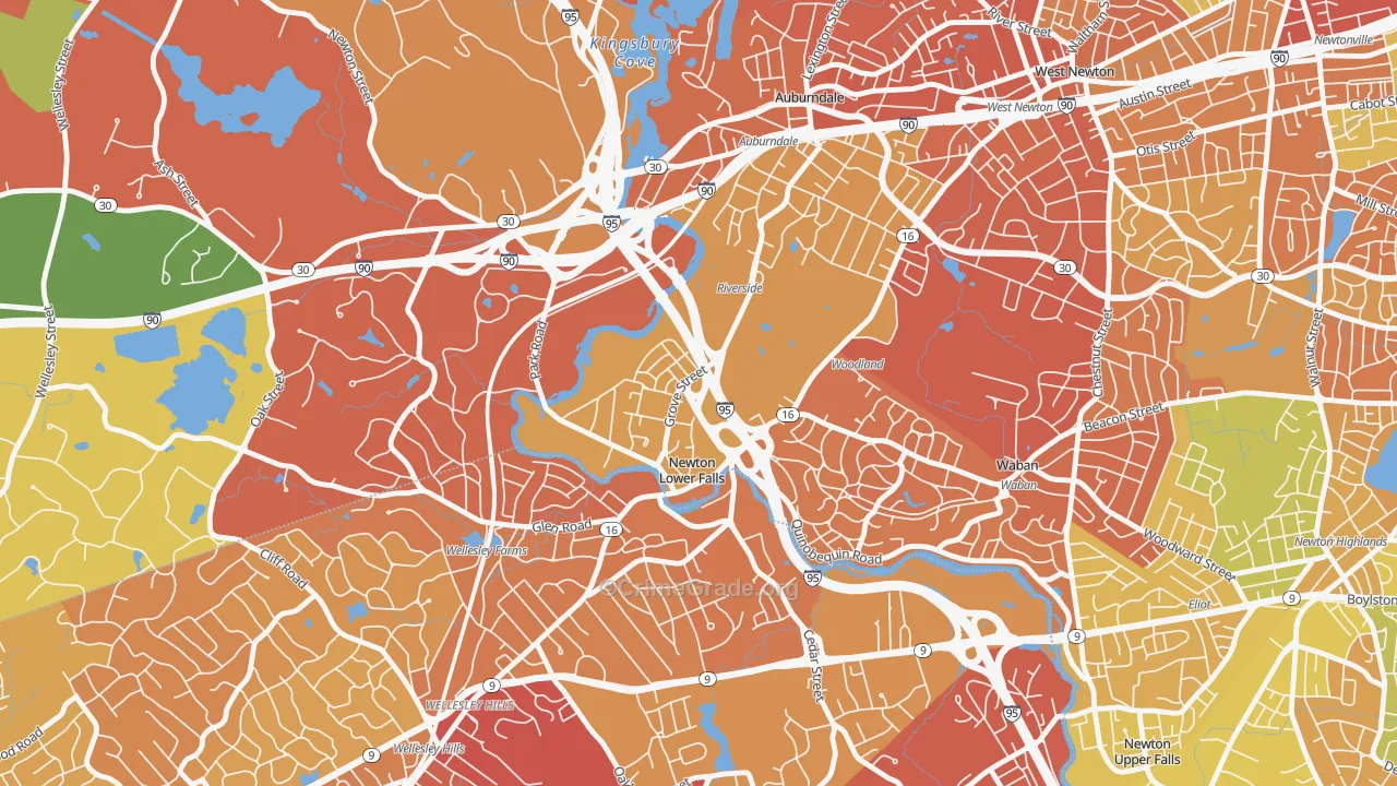 Newton Lower Falls, MA Map of Drug-Related Crime Rates