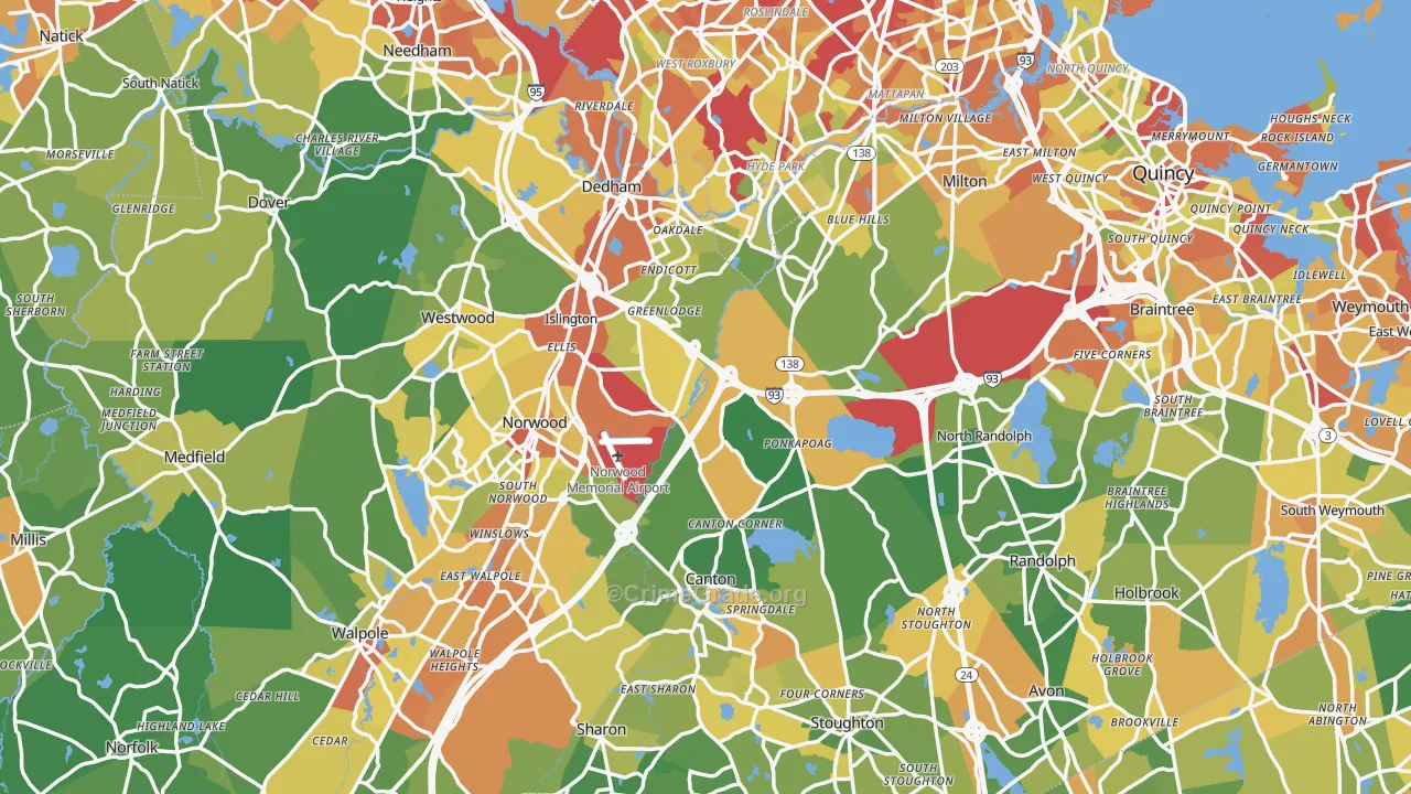 Norfolk County, MA Map of Drug-Related Crime Rates