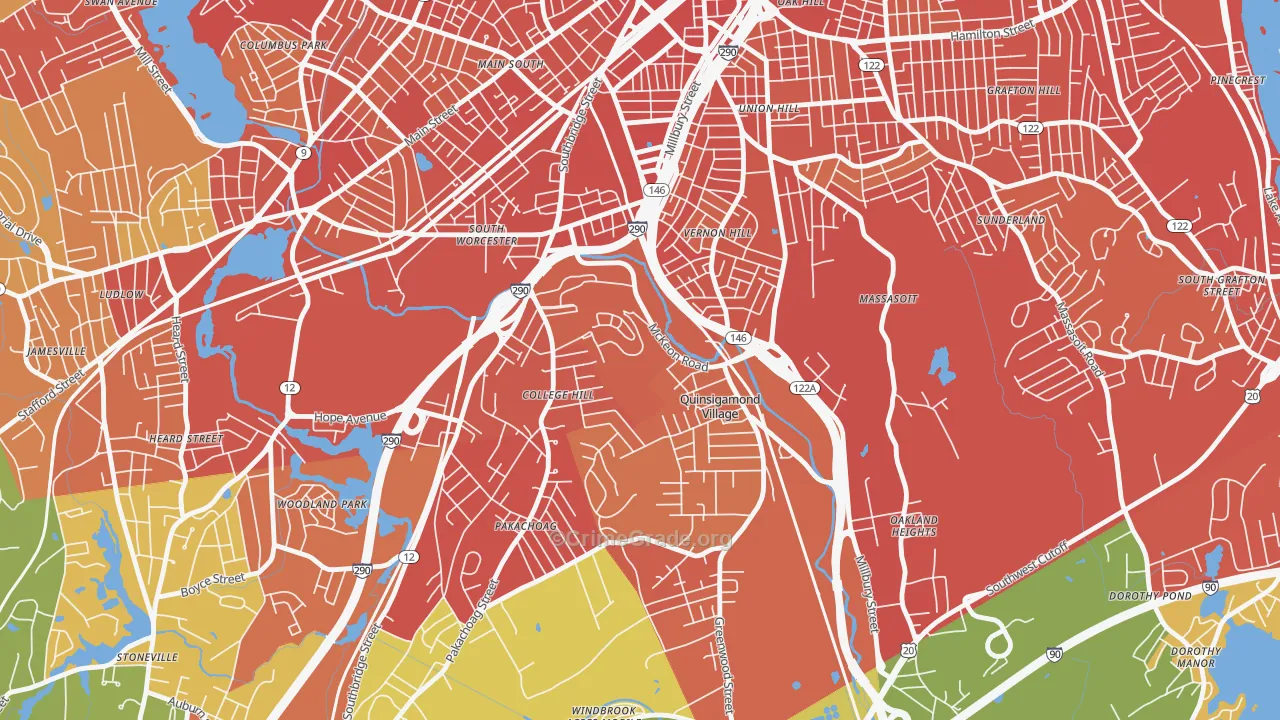 North Quinsigamond Village, Worcester, MA Map of Drug-Related Crime Rates