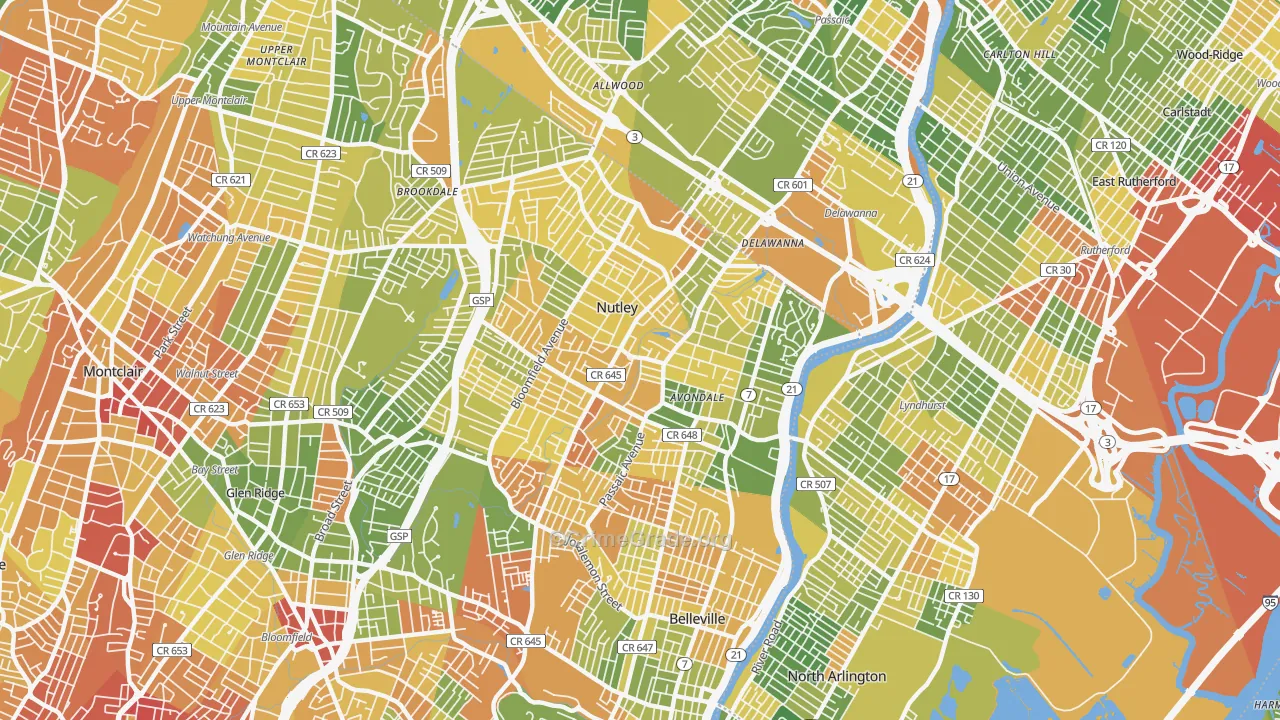 Nutley, NJ Map of Drug-Related Crime Rates