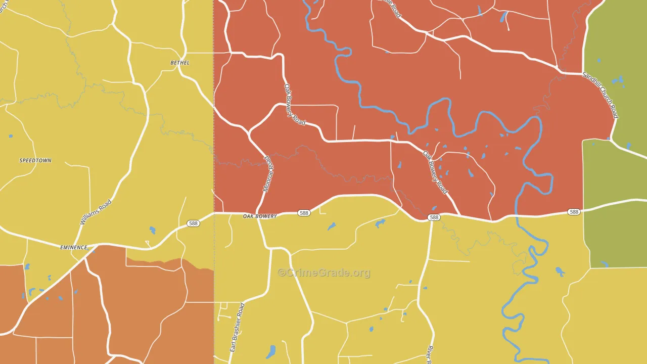 Oak Bowery, MS Map of Drug-Related Crime Rates