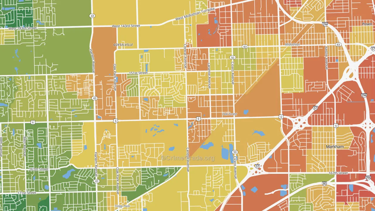 Oak Forest, IL Map of Drug-Related Crime Rates