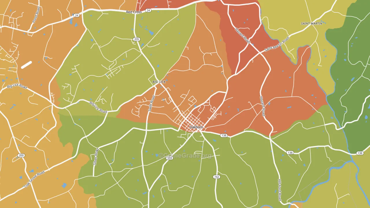 Oakboro, NC Map of Drug-Related Crime Rates