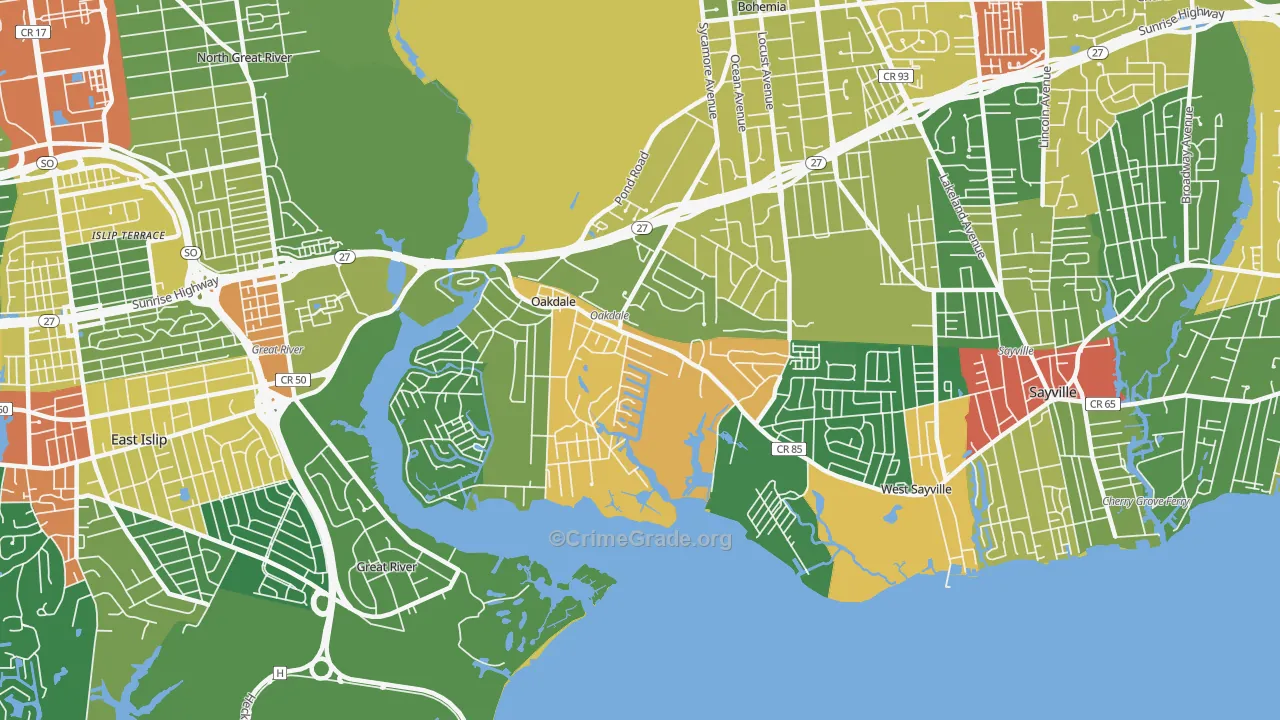 Oakdale, NY Map of Drug-Related Crime Rates