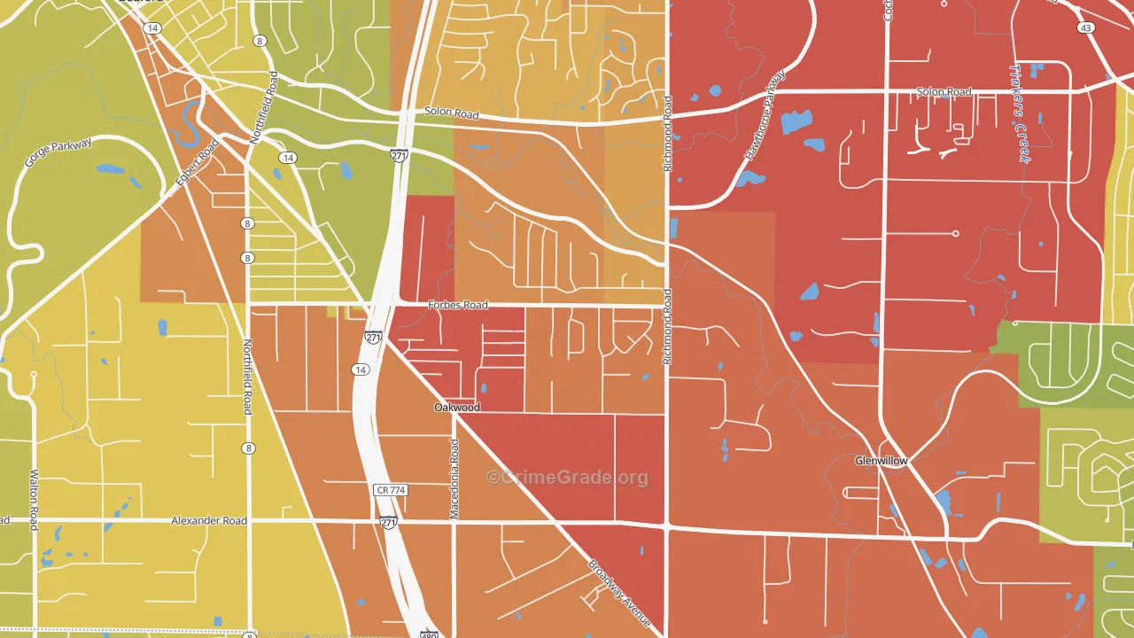 oakwood, Bedford, OH Map of Drug-Related Crime Rates