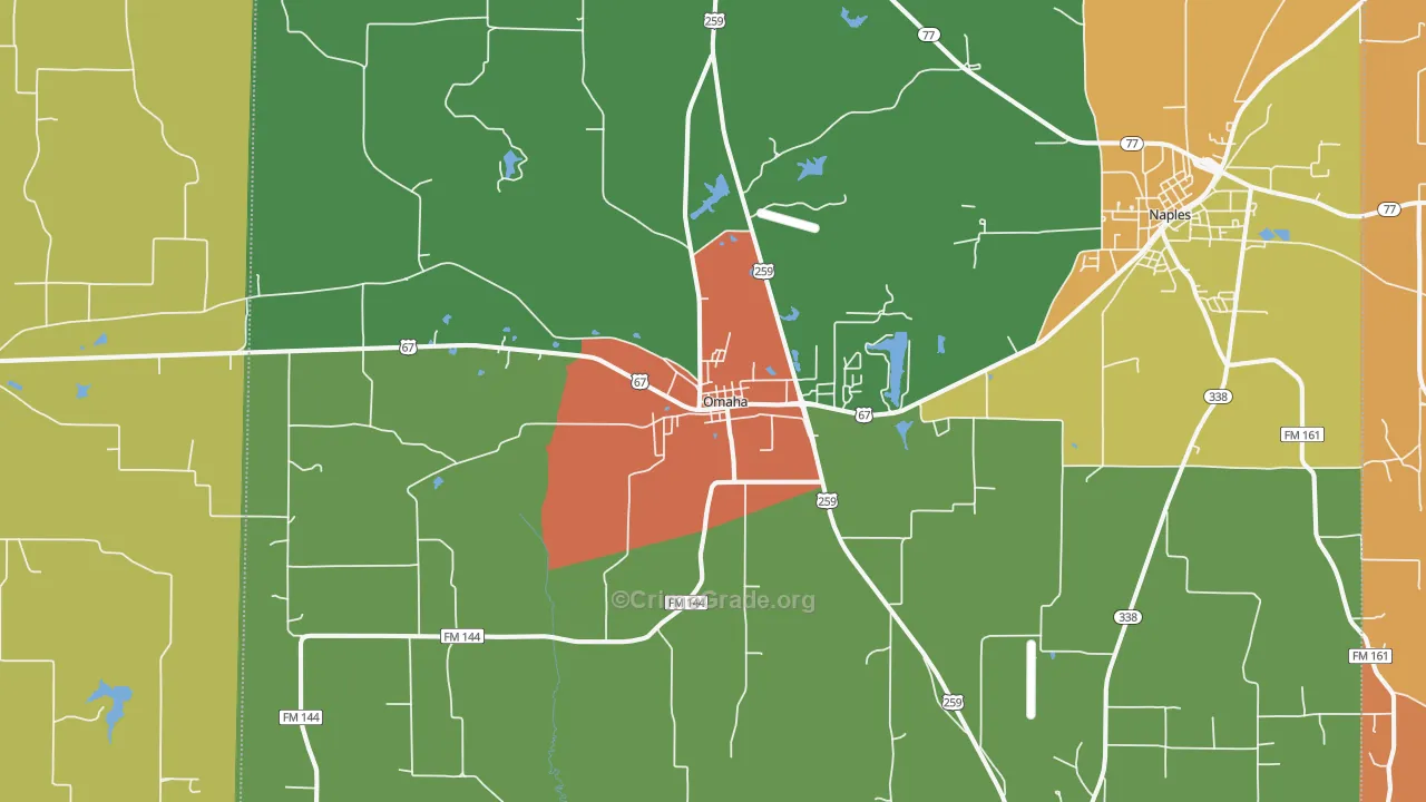 Omaha, TX Map of Drug-Related Crime Rates