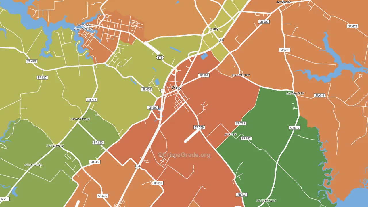 Onley, VA Map of Drug-Related Crime Rates