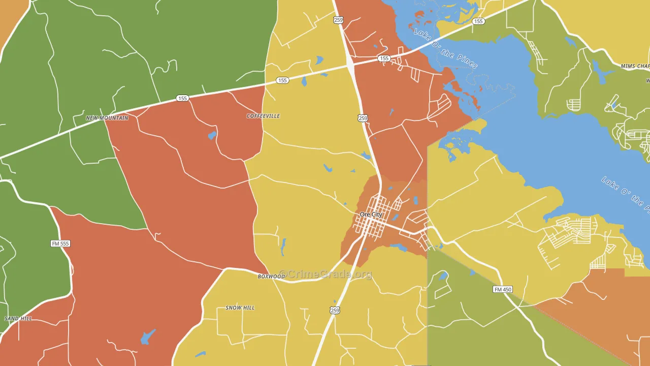 Ore City, TX Map of Drug-Related Crime Rates