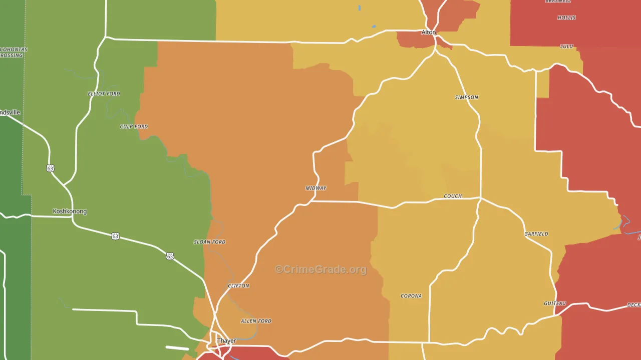Oregon County, MO Map of Drug-Related Crime Rates