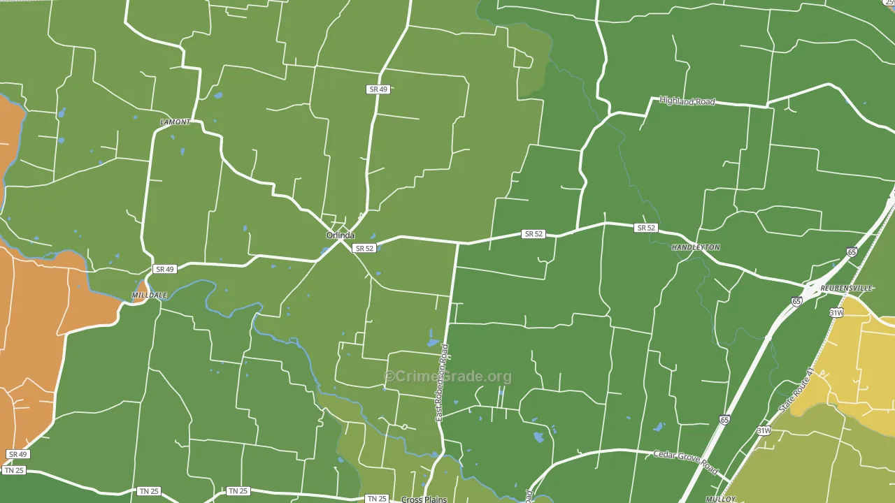 Orlinda, TN Map of Drug-Related Crime Rates